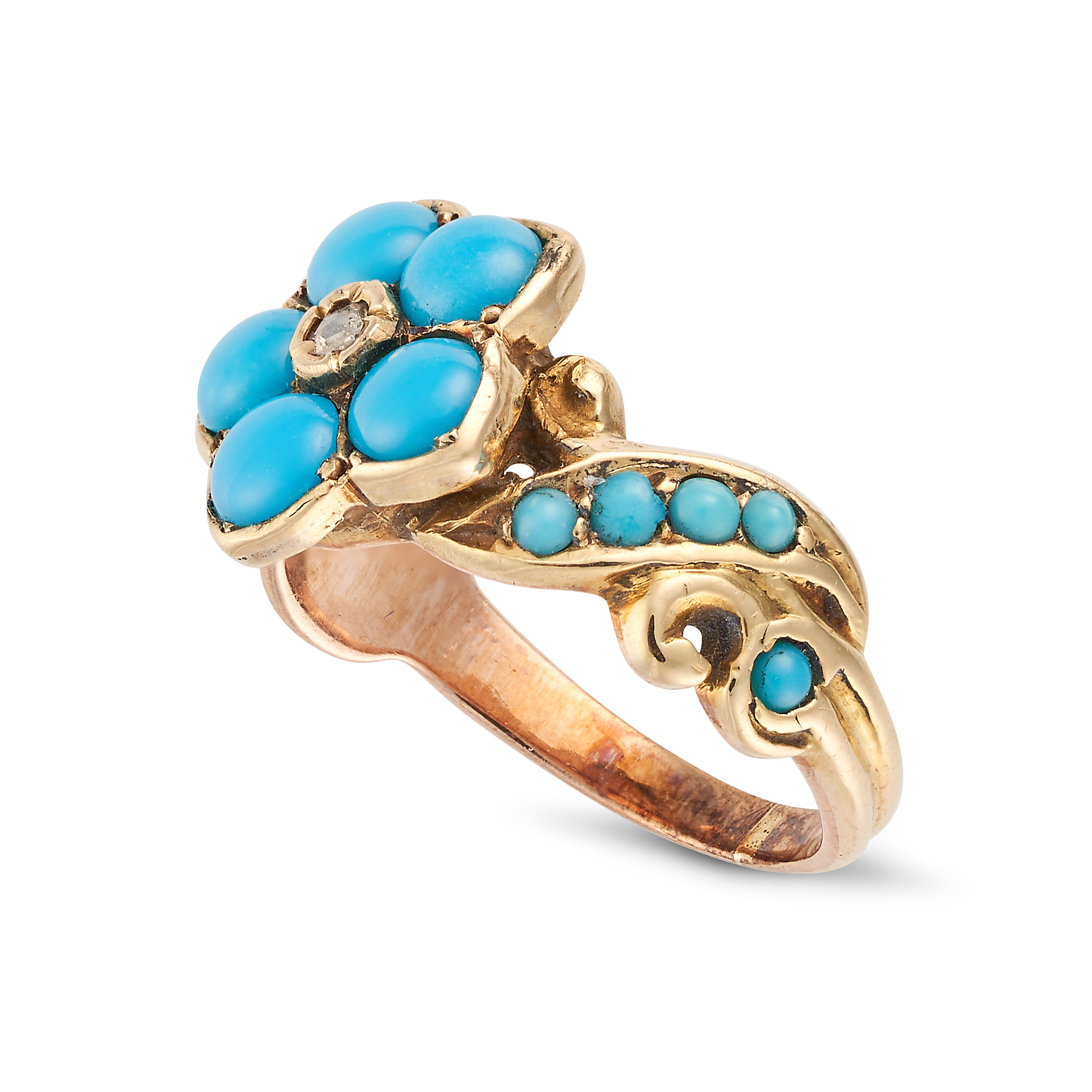 A TURQUOISE AND DIAMOND FLOWER RING set with a rose cut diamond in a cluster of round cabochon tu... - Bild 2 aus 2