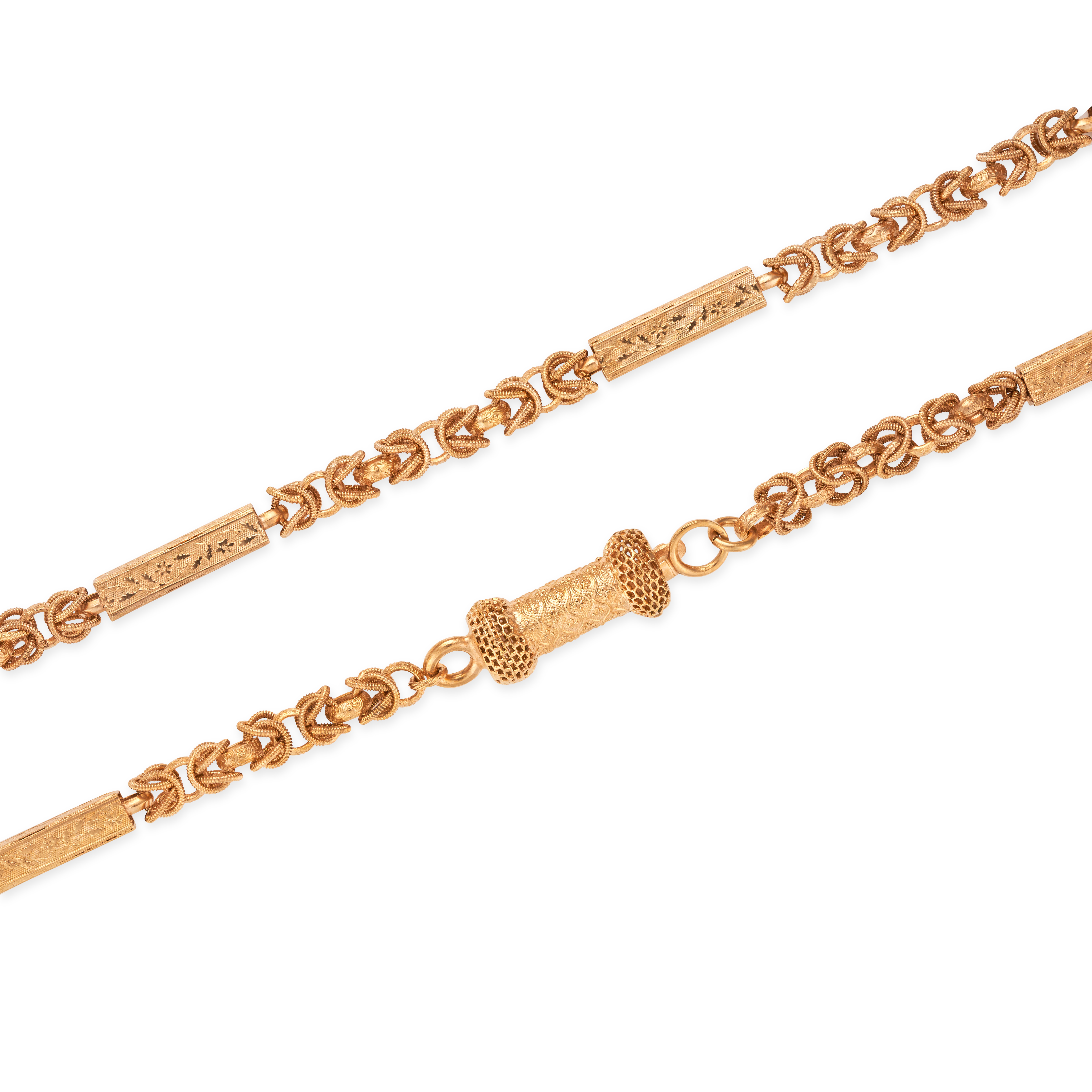 AN ANTIQUE CHAIN NECKLACE comprising a row of fancy links and batons engraved with foliate motifs... - Image 2 of 2