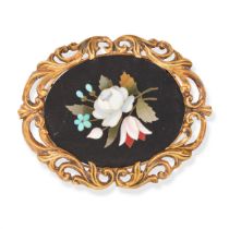 AN ANTIQUE PIETRA DURA BROOCH the oval face set with varicoloured hardstone depicting a bouquet o...