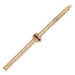 AN ANTIQUE GARNET BRACELET in yellow gold, comprising a fancy link bracelet with a central panel ...