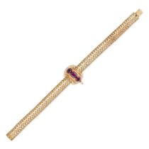 AN ANTIQUE GARNET BRACELET in yellow gold, comprising a fancy link bracelet with a central panel ...