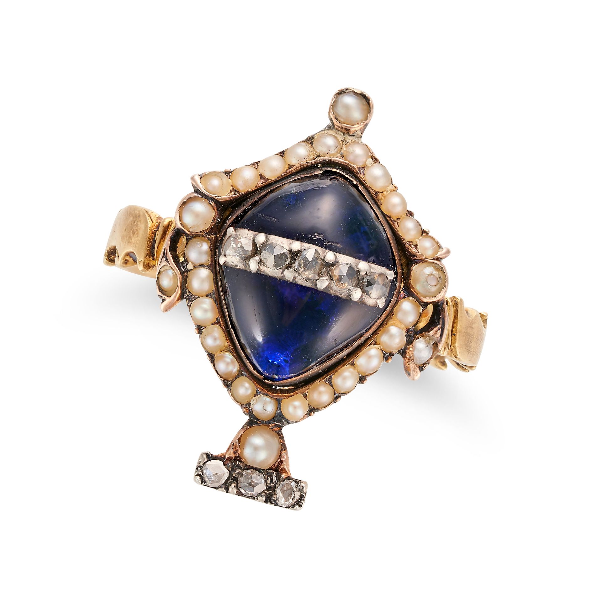 AN ANTIQUE BLUE GLASS, DIAMOND AND PEARL URN RING designed as an urn set with a cabochon blue gla...