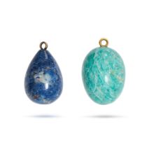 TWO HARDSTONE EGG PENDANTS comprising a polished amazonite pendant and a polished sodalite pendan...