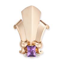 A RETRO AMETHYST AND DIAMOND BROOCH in yellow gold and platinum, designed as a stylised fleur dy ...