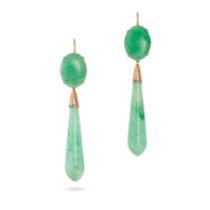 A PAIR OF JADEITE JADE DROP EARRINGS in yellow gold, each set with a cabochon jadeite jade, suspe...