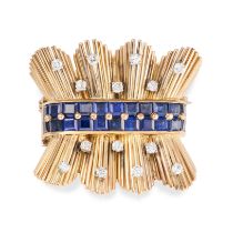 A VINTAGE SAPPHIRE AND DIAMOND BROOCH set with two rows of square step cut sapphires accented by ...