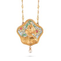 AN ART NOUVEAU PLIQUE A JOUR, DIAMOND AND PEARL PENDANT NECKLACE the pendant designed as the bust...