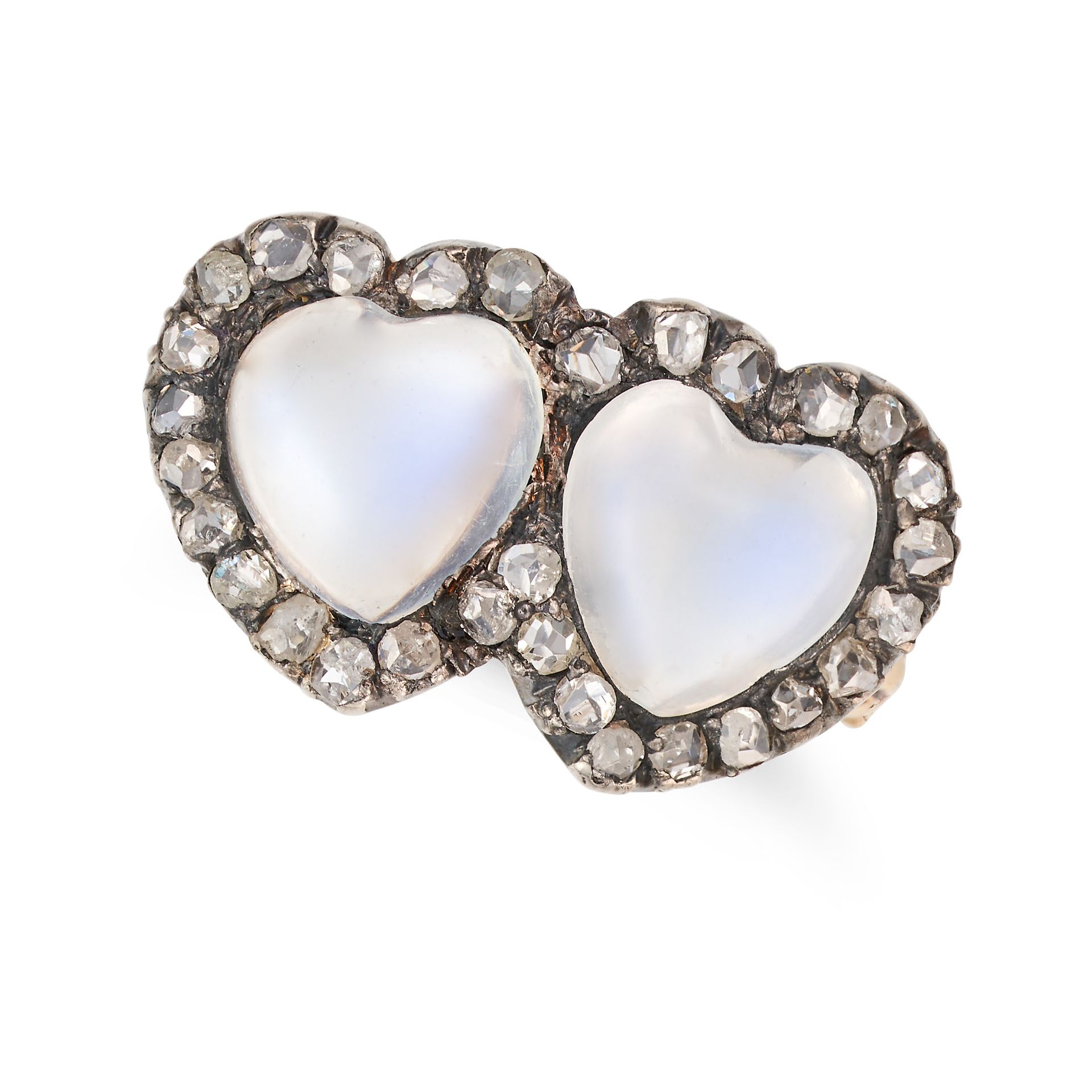 AN ANTIQUE MOONSTONE AND DIAMOND SWEETHEART RING in yellow gold and silver, set with two heart sh...
