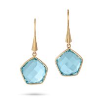 A PAIR OF BLUE TOPAZ DROP EARRINGS each set with a fancy cut blue topaz, stamped 18K, 3.5cm, 5.0g.