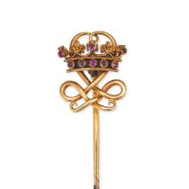 JOHN BROGDEN, AN ANTIQUE RUBY CORONET STICK / TIE PIN in yellow gold, designed as a coronet set w...