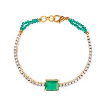 AN EMERALD AND DIAMOND BRACELET set with an octagonal step cut emerald of approximately 2.76 cara...