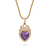 AN ANTIQUE AMETHYST AND PEARL HEART PENDANT NECKLACE the pendant set with a heart cut amethyst in...