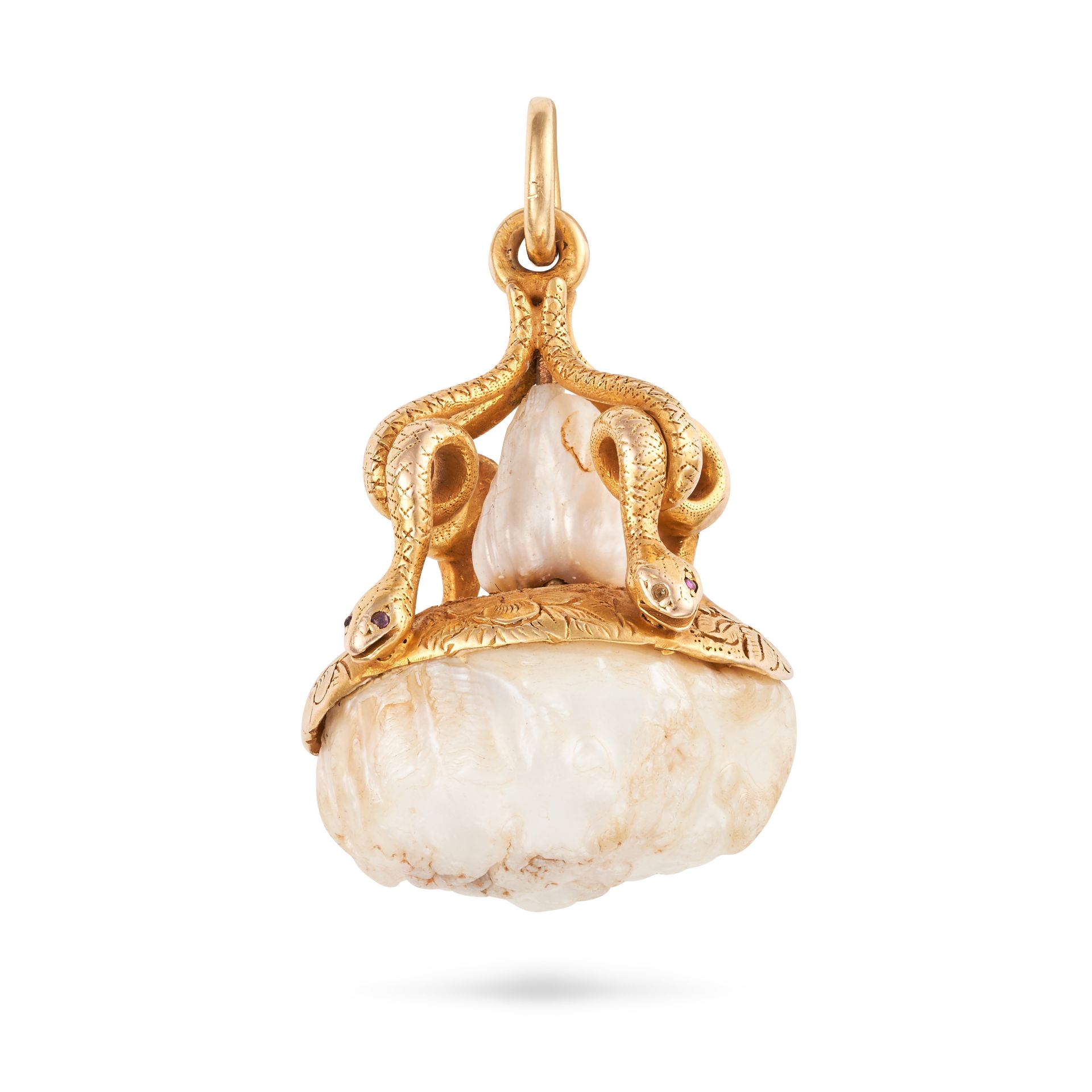 AN ANTIQUE NATURAL FRESHWATER PEARL AND RUBY SNAKE PENDANT in yellow gold, designed as four coile...