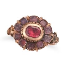 AN ANTIQUE GARNET AND PINK SAPPHIRE CLUSTER RING set with a cushion cut garnet in a cluster of cu...