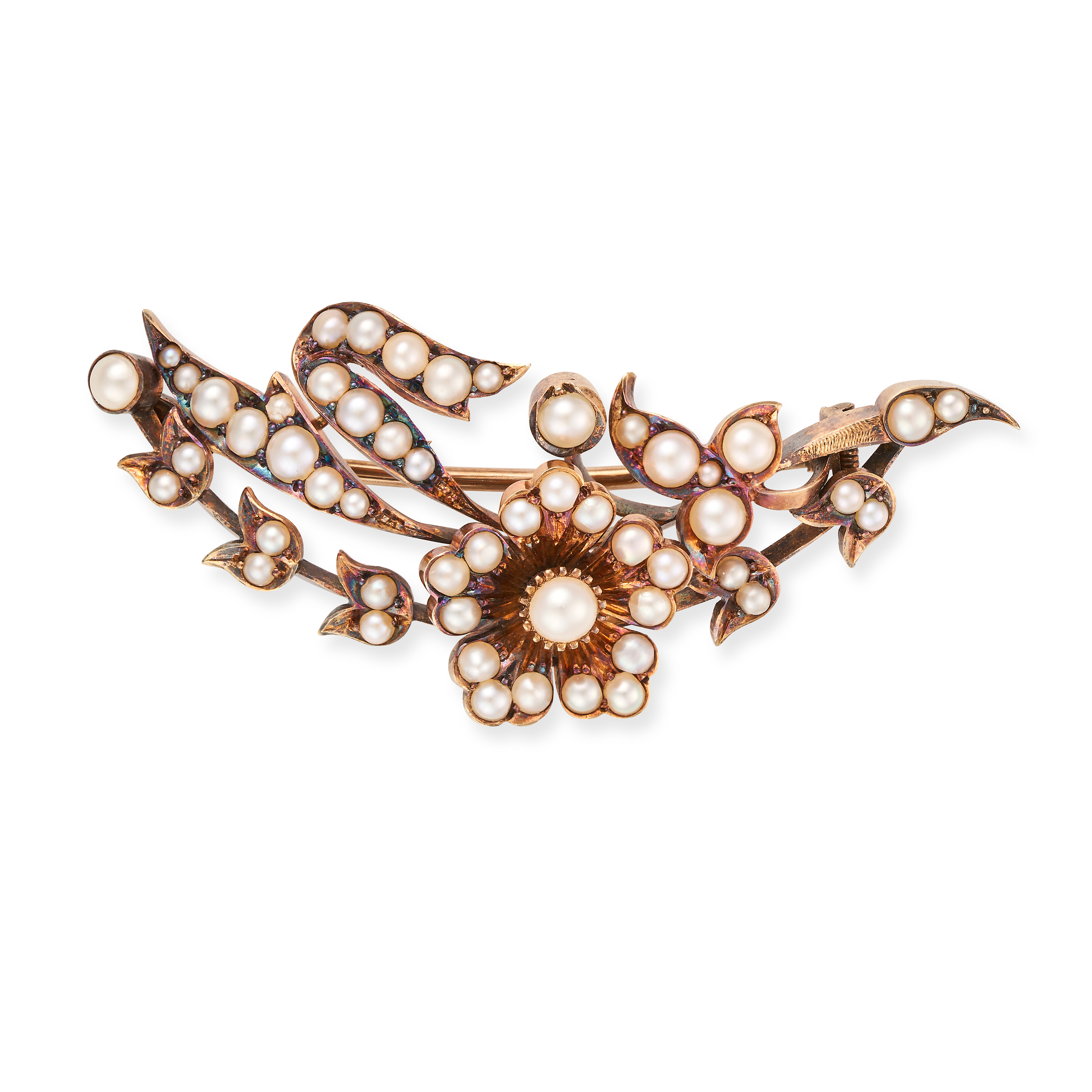AN ANTIQUE PEARL FLORAL SPRAY BROOCH designed as a floral spray set throughout with pearls, no as...