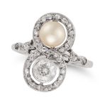A NATURAL SALTWATER PEARL AND DIAMOND DRESS RING set with a pearl of 5.5mm and an old cut diamond...