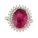 AN UNHEATED RUBY AND DIAMOND CLUSTER RING set with an oval cut ruby of 7.75 carats in a double bo...