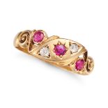 AN ANTIQUE EDWARDIAN RUBY AND DIAMOND RING in 18ct yellow gold, set with round cut rubies and old...