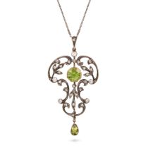 AN ANTIQUE PERIDOT AND DIAMOND PENDANT NECKLACE in gold and silver, the openwork foliate style pe...