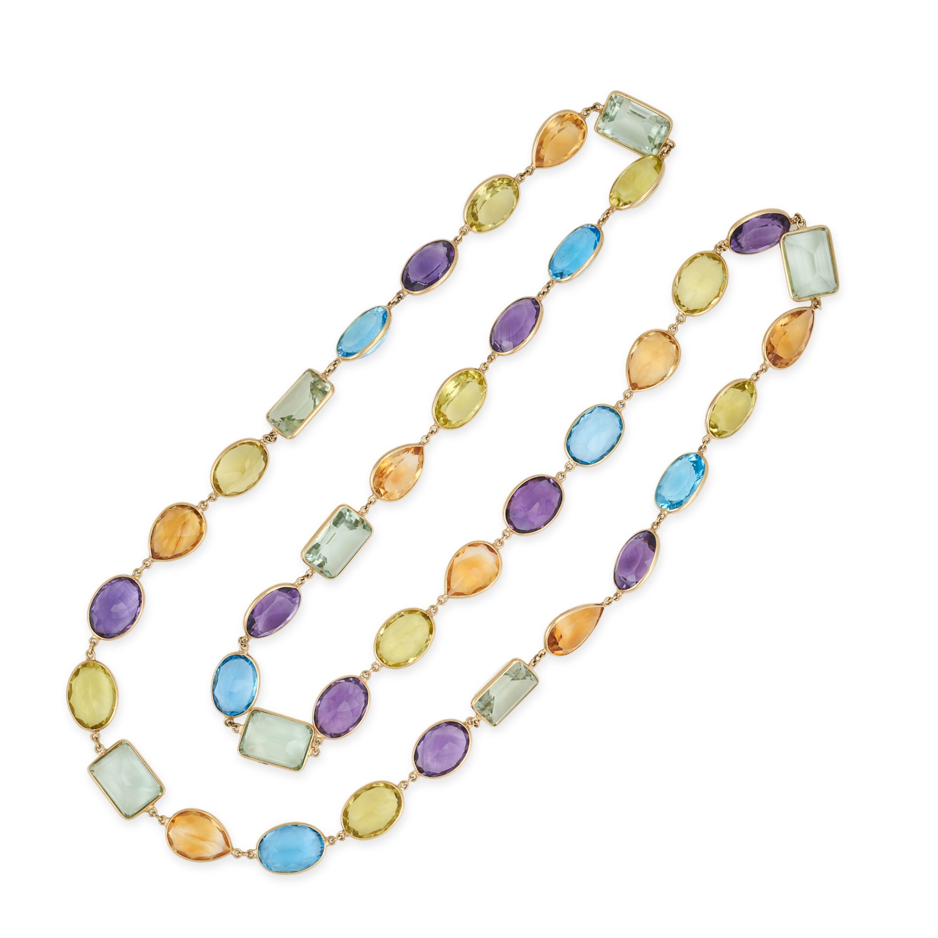 A MULTIGEM CHAIN NECKLACE in 18ct yellow gold, comprising a row of oval, pear and octagonal step ...