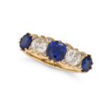A VINTAGE SAPPHIRE AND DIAMOND FIVE STONE RING in 18ct yellow gold, set with three oval cut sapph...