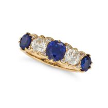 A VINTAGE SAPPHIRE AND DIAMOND FIVE STONE RING in 18ct yellow gold, set with three oval cut sapph...