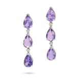 A PAIR OF AMETHYST AND DIAMOND DROP EARRINGS each set with a row of three pear cut amethysts, acc...