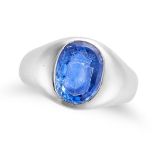 A SAPPHIRE INTAGLIO SIGNET RING set with a cushion cut sapphire intaglio carved to depict a famil...