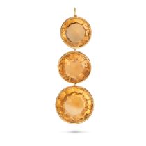 AN ANTIQUE CITRINE PENDANT in yellow gold, comprising three graduating round cut citrines, no ass...