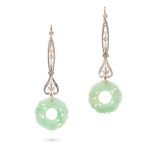 A PAIR OF JADEITE JADE, DIAMOND AND PEARL DROP EARRINGS each set throughout with rose cut diamond...