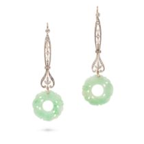 A PAIR OF JADEITE JADE, DIAMOND AND PEARL DROP EARRINGS each set throughout with rose cut diamond...
