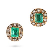 A PAIR OF ANTIQUE EMERALD AND DIAMOND CLUSTER EARRINGS in yellow gold, each set with an octagonal...