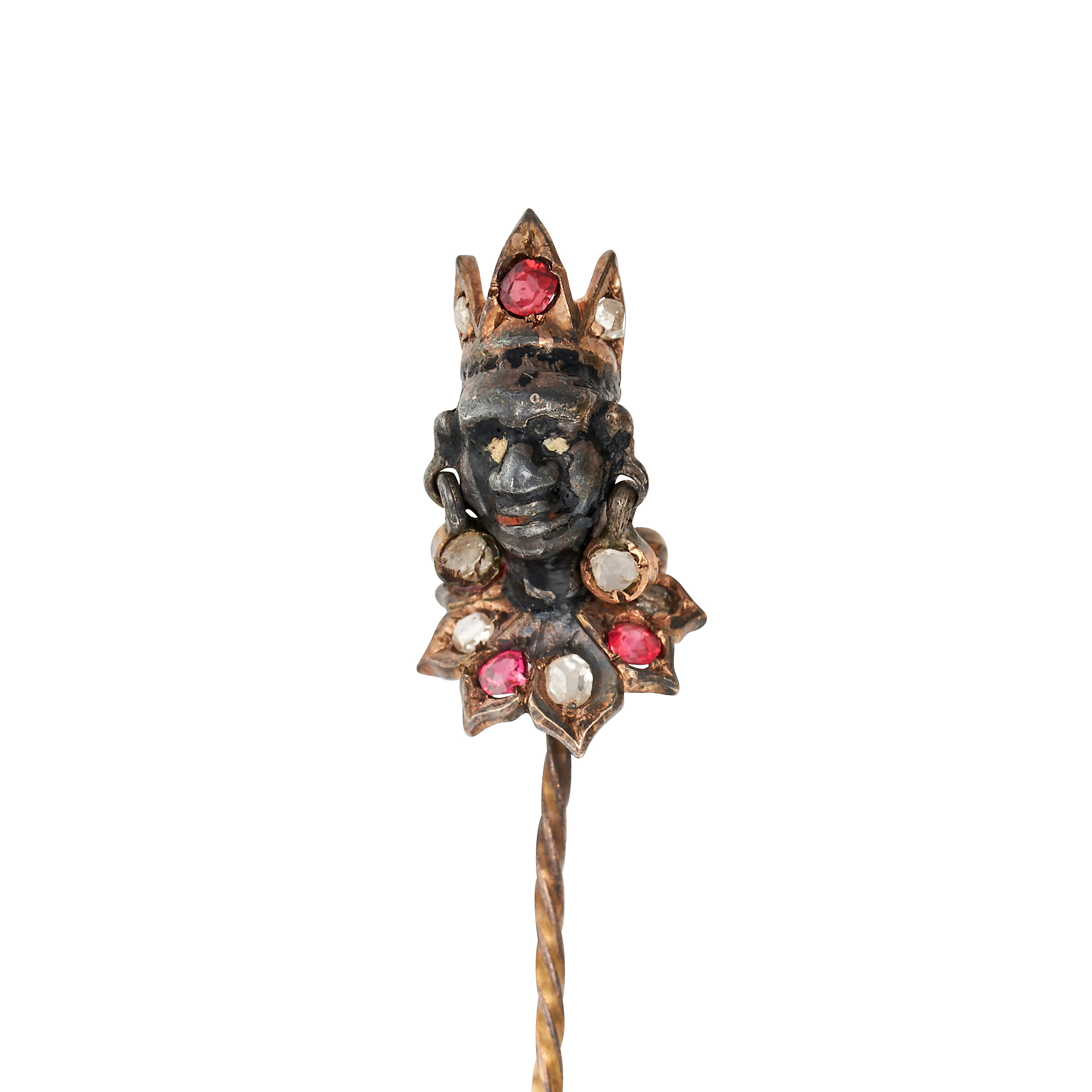 AN ANTIQUE RUBY AND DIAMOND BLACKAMOOR STICK / TIE PIN in yellow gold and silver, designed as the...
