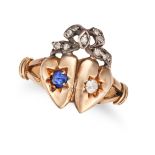 AN ANTIQUE SAPPHIRE AND DIAMOND SWEETHEART RING in 15ct yellow gold, designed as two hearts each ...