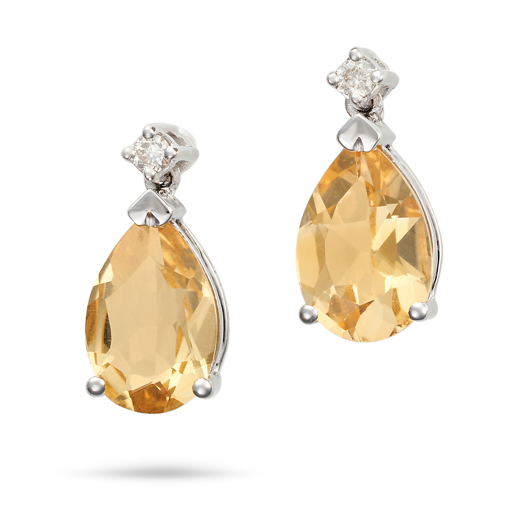 A PAIR OF DIAMOND AND CITRINE EARRINGS each set with a round brilliant cut diamond, suspending a ...