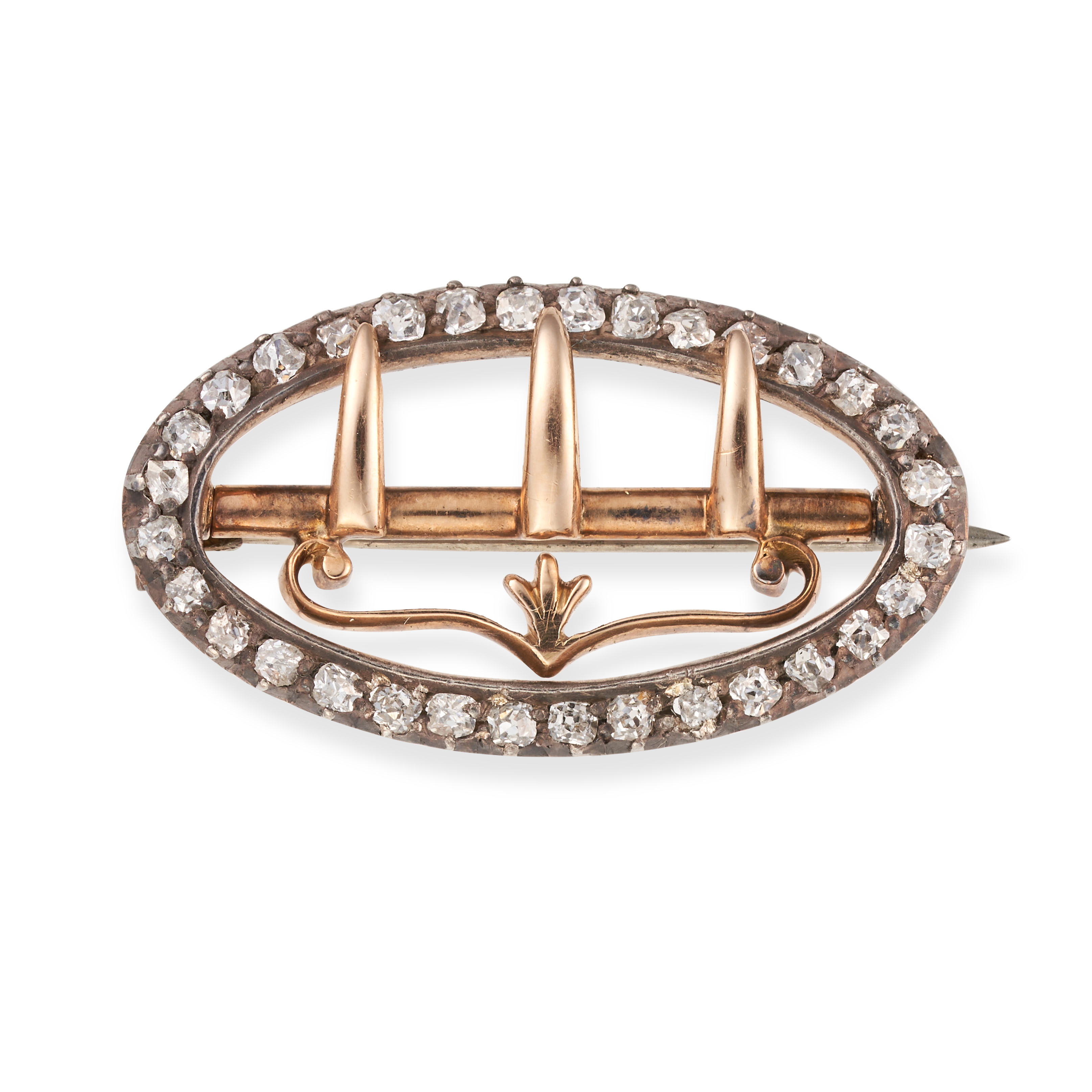 AN ANTIQUE DIAMOND BUCKLE BROOCH in yellow gold and silver, designed as a buckle set with old cut...