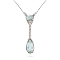 AN AQUAMARINE AND DIAMOND PENDANT NECKLACE comprising an oval cut aquamarine accented by rose cut...
