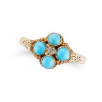 AN ANTIQUE TURQUOISE AND DIAMOND CLUSTER RING in 12ct yellow gold, set with a round cut diamond i...