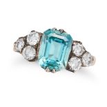 A BLUE ZIRCON AND DIAMOND RING set with an octagonal step cut blue zircon of approximately 3.26 c...