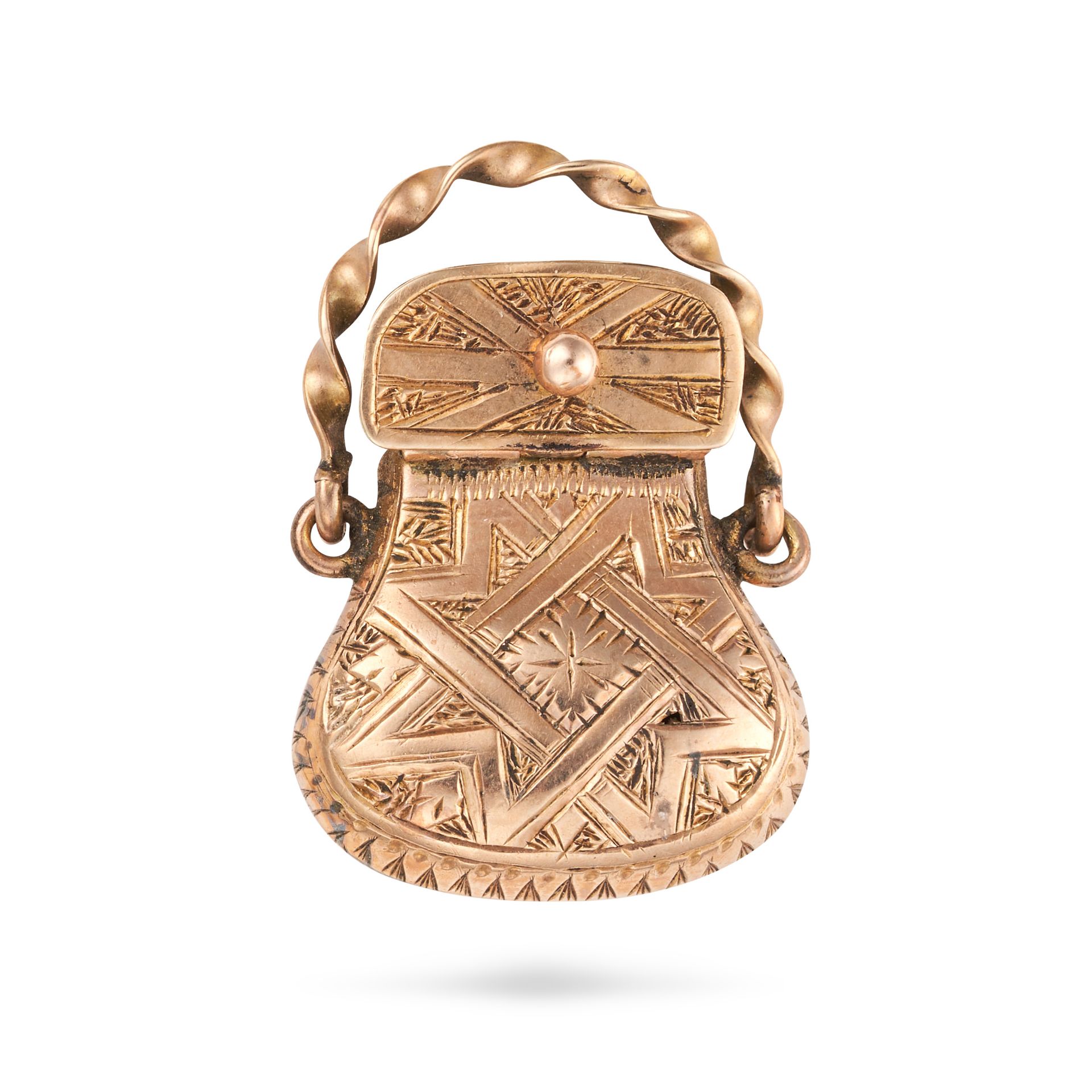 AN ANTIQUE PURSE CHARM / PENDANT designed as a purse, the hinged lid opening to reveal an inner c... - Image 2 of 2