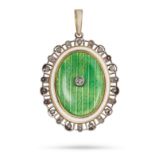 AN ANTIQUE DIAMOND AND ENAMEL PENDANT in yellow gold and platinum, the oval pendant set with a ro...