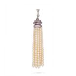 A FINE NATURAL SALTWATER PEARL AND DIAMOND TASSEL PENDANT set with pink and white round brilliant...