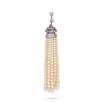 A FINE NATURAL SALTWATER PEARL AND DIAMOND TASSEL PENDANT set with pink and white round brilliant...