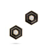 A PAIR OF ENAMEL AND DIAMOND EARRINGS each set with a central round brilliant cut diamond in a he...