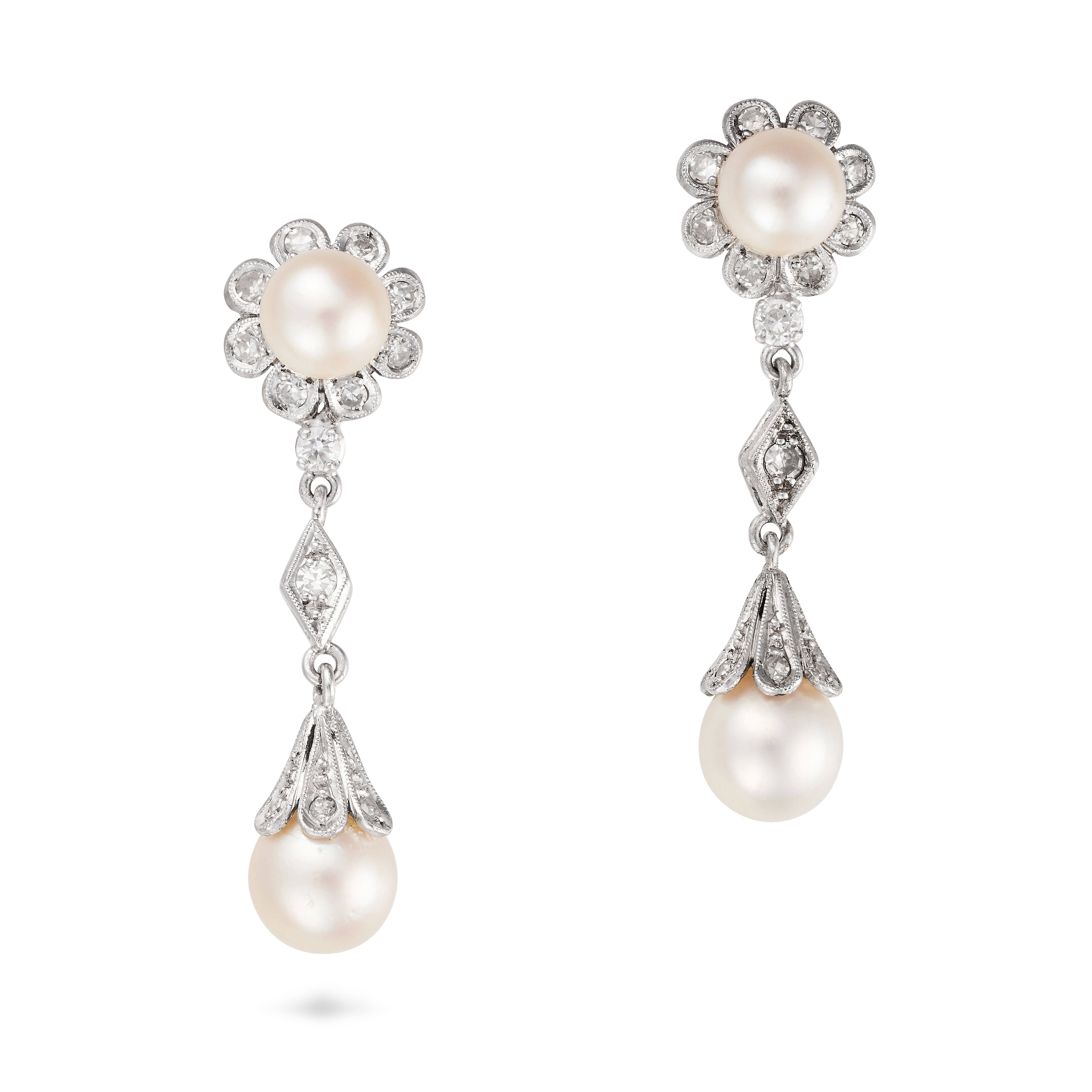 A PAIR OF PEARL AND DIAMOND DROP EARRINGS each set with a pearl in a cluster of single cut diamon...