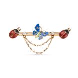 AN ENAMEL, PEARL AND DIAMOND BUTTERFLY AND LADYBIRD BROOCH in 15ct yellow gold, designed as a but...