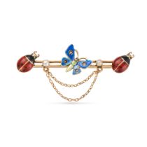 AN ENAMEL, PEARL AND DIAMOND BUTTERFLY AND LADYBIRD BROOCH in 15ct yellow gold, designed as a but...