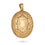 AN ANTIQUE GOLD LOCKET PENDANT in yellow gold, the oval hinged locket engraved in foliate design,...