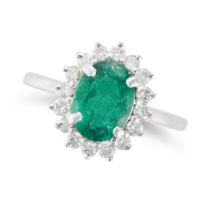 AN EMERALD AND DIAMOND CLUSTER RING set with an oval cut emerald of approximately 1.99 carats in ...