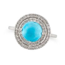 A TURQUOISE AND DIAMOND CLUSTER RING set with a round cabochon turquoise in a double border of ro...
